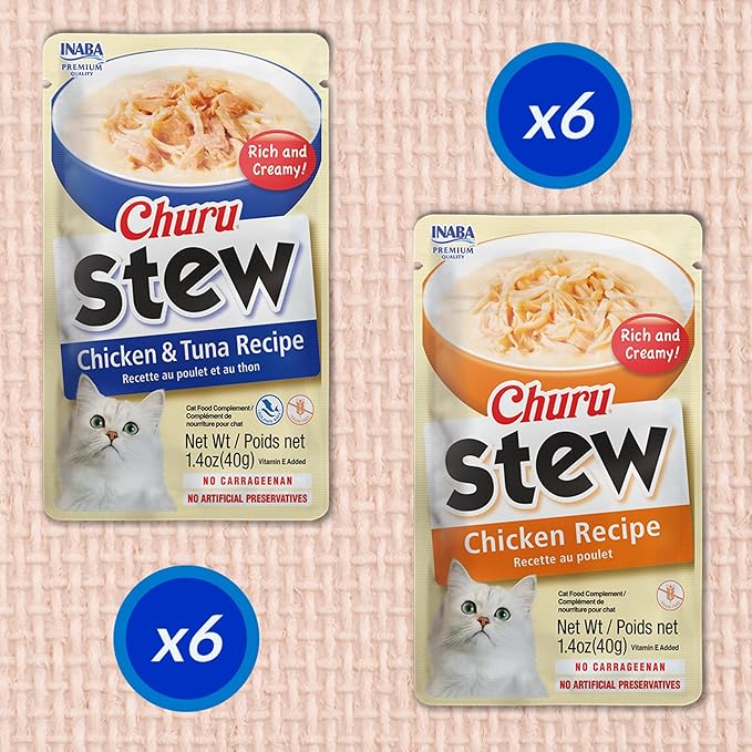 INABA Churu Stew for Cats, Side Dish Pouch with Vitamin E, 1.4 Ounces per Pouch, 12 Pouches, Chicken &amp; Tuna Variety