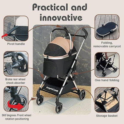 3-in-1 Small Pet Carrier with Stroller for Small Dogs &amp; Cats Under 20 lb – Removable Carrier Converts to Car Seat – Lightweight, One-Hand Fold, No-Zipper Entry