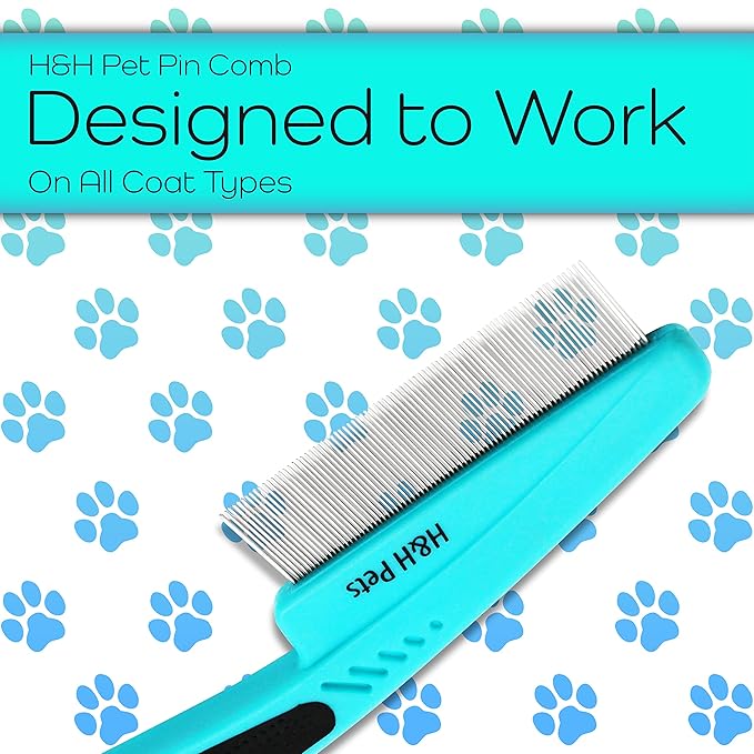 Pin Comb by H&amp;H Pets - Upgraded Rubber Handle Comb with Long and Short Teeth for Dogs &amp; Cats, Grooming Supplies, 1 Count (Pack of 1)
