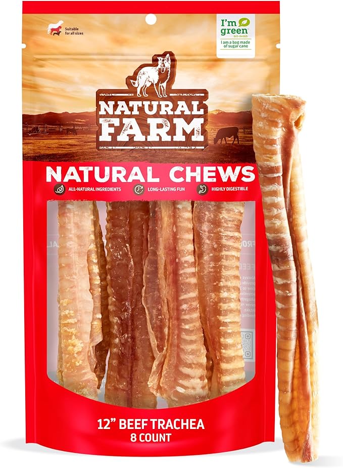 Natural Farm Beef Trachea (12 Inch, 8 Pack), 100% Beef Chews, Natural Glucosamine and Chondroitin for Joint &amp; Hip Mobility, Bone Strength – Low Fat Crunchy &amp; Crispy Treats for All Dogs