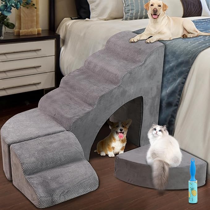 Foam Dog Stairs &amp; Steps Ramps for High Beds 30 inches Tall for Small Dogs and Cats, LitaiL 6 Step Pet Stairs Steps for High Beds 30 inch Large Dogs, Non-Slip Dog Ramps for Older Cat