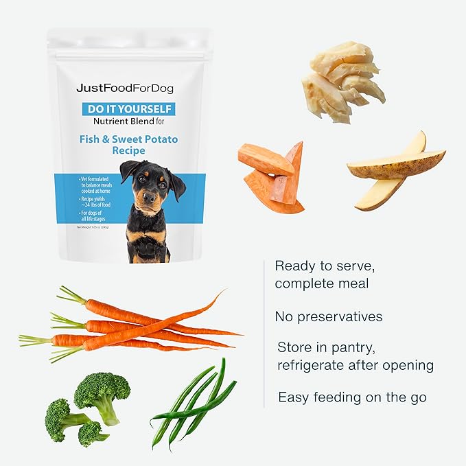 JustFoodForDogs DIY Nutrient Blend for Homemade Dog Food, Fish &amp; Sweet Potato Recipe, 5.92oz
