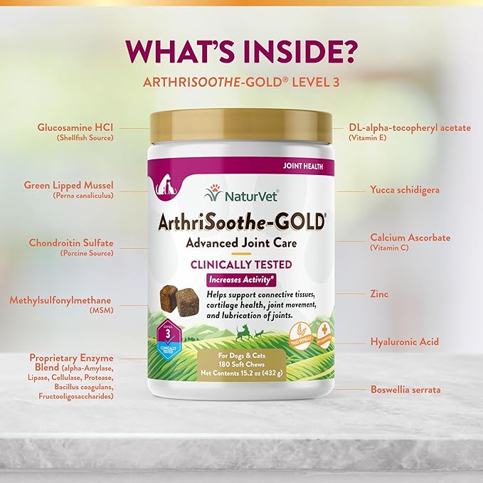 NaturVet ArthriSoothe-Gold Level 3 Advanced Joint Care for Dogs – Soft Chew Dog Supplement with Glucosamine, MSM, Chondroitin &amp; Hyaluronic Acid – Wheat-Free Pet Supplements – 180 Ct.