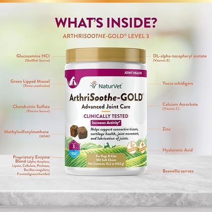 NaturVet ArthriSoothe-Gold Level 3 Advanced Joint Care for Dogs – Soft Chew Dog Supplement with Glucosamine, MSM, Chondroitin &amp; Hyaluronic Acid – Wheat-Free Pet Supplements – 180 Ct.