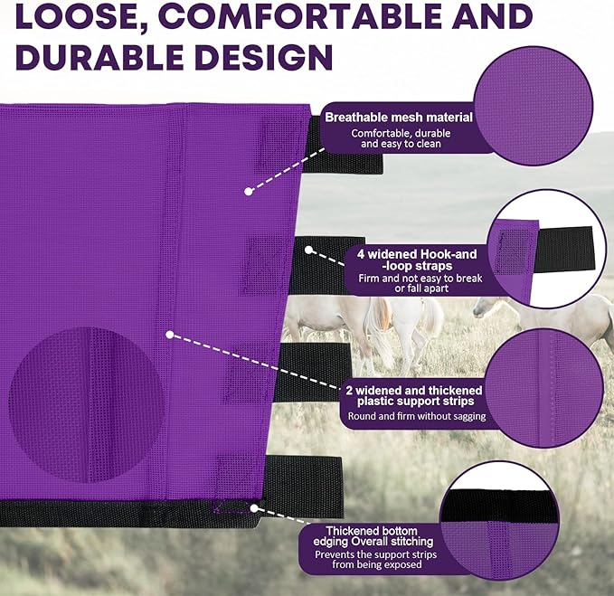 Premium 4-Pack Horse Fly Boots &amp; Leggings Loose-Fit Fine Mesh with Stay-On Fasteners, Support Strips &amp; Anti-Stomp Design Breathable Non-Slip Protection Leg Wrap (Large) Lavender Purple