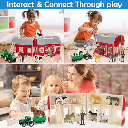 YEEBAY Farm Animals Toys for 3+ Year Old Kids Toddlers Girls Boys, Large Wooden Barn with Animal Play Figures, Farm Playset Educational Learning Toys, Ideal Christmas Birthday Gifts