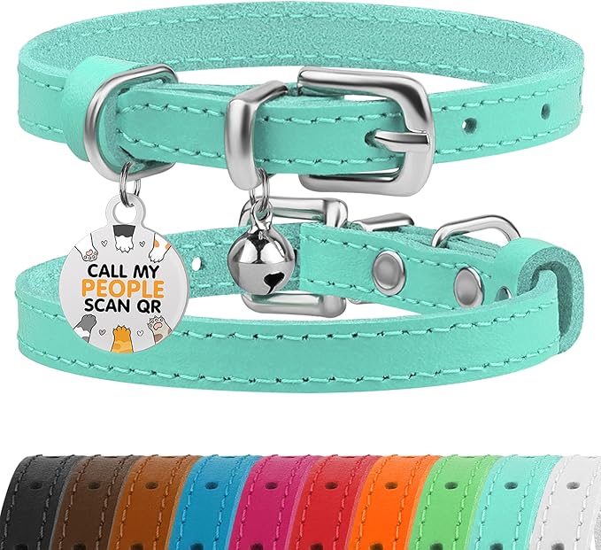 BRONZEDOG Leather Cat Collar with Removable Bells Non Breakaway Kitten QR Tag for Girl Boy (7" - 9" for Cats, Turquoise &amp; Silver)