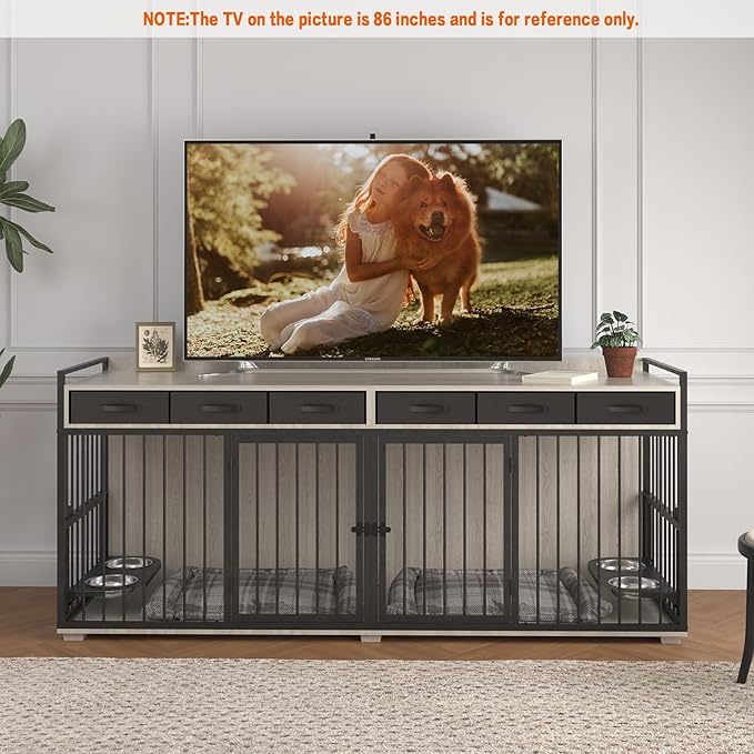 86.6inch Dog Crate Furniture with Storage,Furniture Style TV Stand Dog Kennel for 2 Dogs,with 6 Drawers,Removable Divider&amp;Adjustable Bowls,Heavy Duty Metal Chew-Resistant Dog Crate Furniture