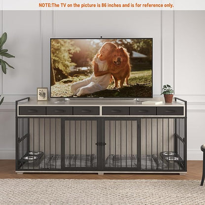 86.6inch Dog Crate Furniture with Storage,Furniture Style TV Stand Dog Kennel for 2 Dogs,with 6 Drawers,Removable Divider&amp;Adjustable Bowls,Heavy Duty Metal Chew-Resistant Dog Crate Furniture