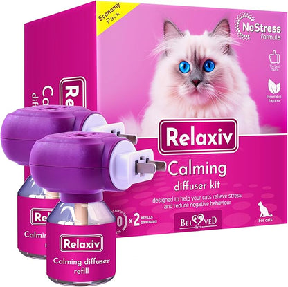 Beloved Pets Cat Calming Diffuser &amp; Pet Anti Anxiety Products - Feline Calm Pheromones Plug in &amp; Cats Stress Relief Comfort Helps with Pee, New Zone, Aggression (2 Pack (2 Diffusers + 2 Refills))