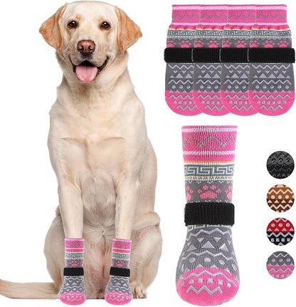 KOOLTAIL Dog Socks to Prevent Licking Paws for Hardwood Floors Anti Slip, Winter Warm Pet Boots&amp;Paw Protector with Grippers, Double Sides Dog Shoes Booties for Small Medium Large Senior Dogs Pink S