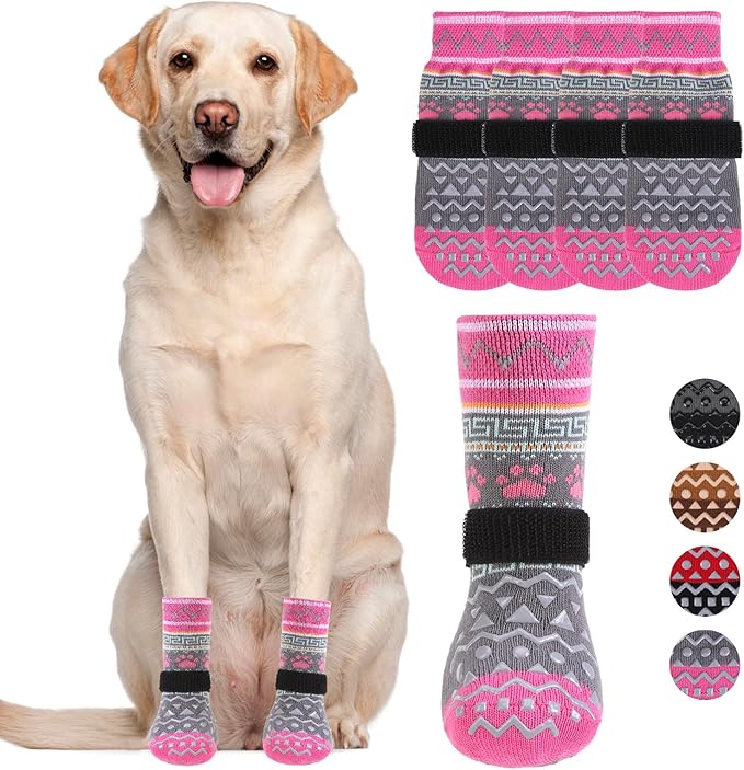 KOOLTAIL Dog Socks to Prevent Licking Paws for Hardwood Floors Anti Slip, Winter Warm Pet Boots&amp;Paw Protector with Grippers, Double Sides Dog Shoes Booties for Small Medium Large Senior Dogs Pink L
