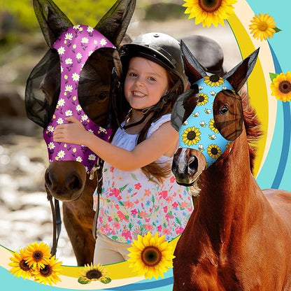 Chunful 6 Pcs Horse Fly Masks with Ears Smooth and Comfortable Cashel Mesh Fly Mask Elasticity Breathability UV Protection Horse Face Covering for Riding Supplies(Floral,Medium)