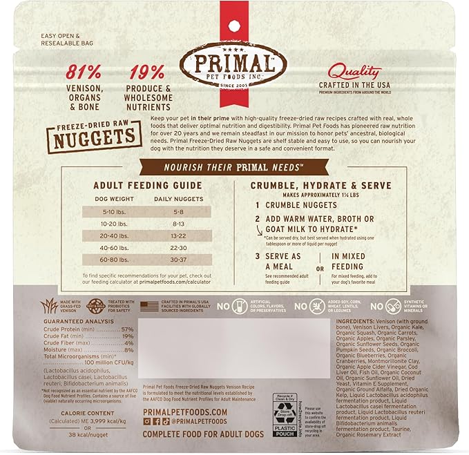 Primal Freeze Dried Raw Dog Food Nuggets, Venison, Complete &amp; Balanced Meal, Also Use as Topper or Treat, Premium, Healthy, Grain Free, High Protein Raw Dog Food, 5.5 oz