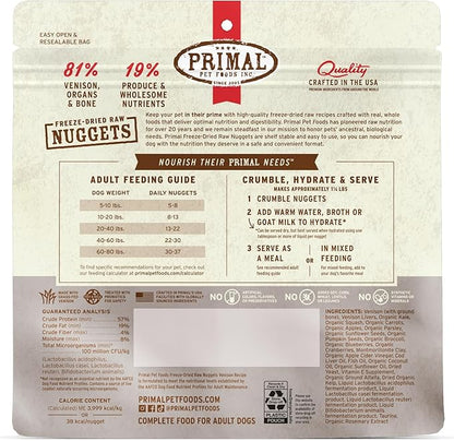Primal Freeze Dried Raw Dog Food Nuggets, Venison, Complete &amp; Balanced Meal, Also Use as Topper or Treat, Premium, Healthy, Grain Free, High Protein Raw Dog Food, 5.5 oz