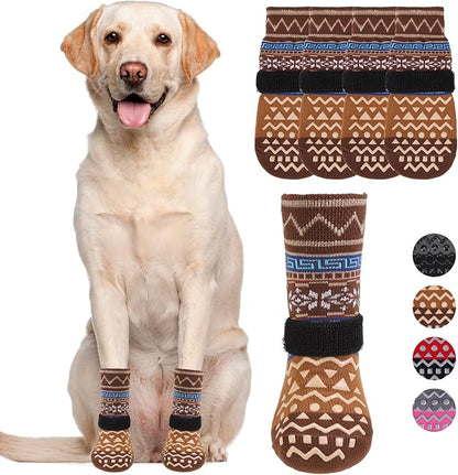 KOOLTAIL Dog Socks to Prevent Licking Paws for Hardwood Floors Anti Slip, Winter Warm Pet Boots&amp;Paw Protector with Grippers, Double Sides Dog Shoes Booties for Small Medium Large Senior Dogs Khaki L
