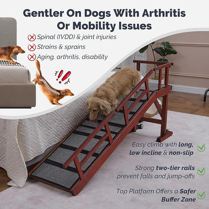 Dog Ramp for Bed or Couch, Wooden Pet Ramp with 20° Gentle Slope, Removable Side Rails, Non-Slip Surface, Top Platform &amp; Wheels, Safe Bed Ramp for Small, Medium &amp; Senior Dogs, 60" Long, Mahogany