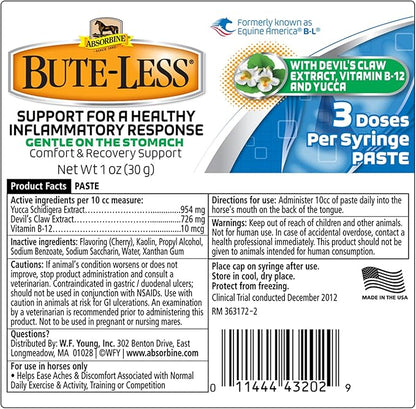 Absorbine Bute-Less Long-Term Horse Comfort &amp; Recovery Supplement Paste, Gentle on Stomach, Devil’s Claw, Vitamin B-12, Yucca, 1oz Syringe / 3 Doses
