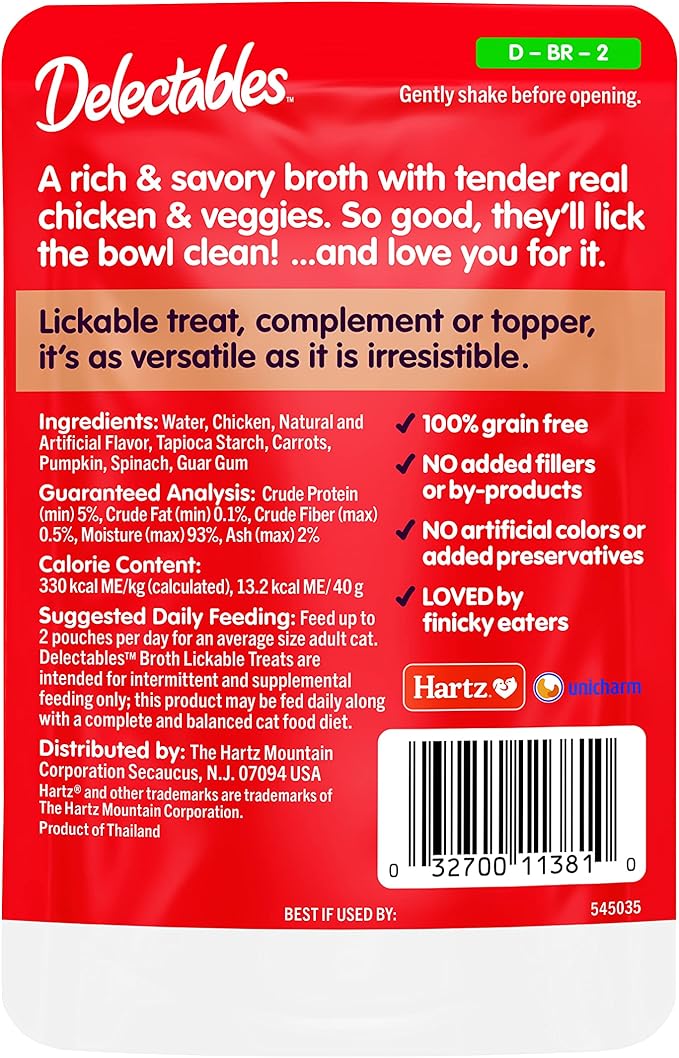 Hartz Delectables Savory Broths Chicken &amp; Veggies Lickable Wet Cat Treats, 12 Count