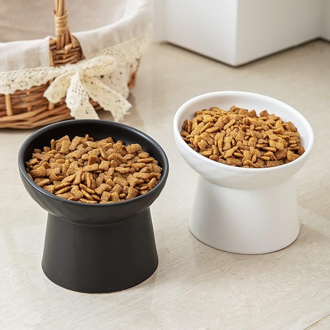 4 Pcs Small Ceramic Raised Cat Bowls, Tilted Elevated Food or Water Bowls, Stress Free, Backflow Prevention, Dishwasher and Microwave Safe, Lead &amp; Cadmium Free(4pc White)