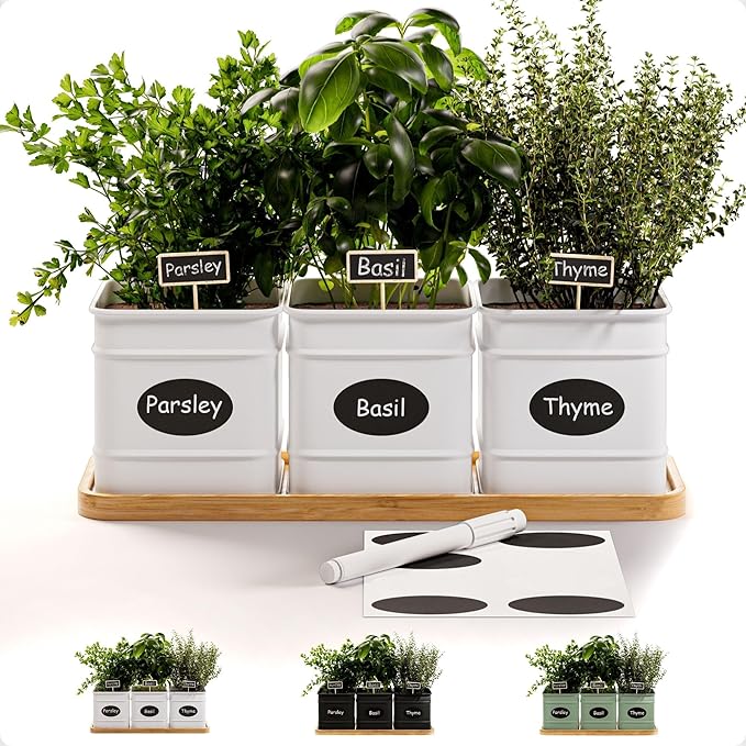 Herb Planter Indoor - 3 Iron Herb Pots with Drainage Holes, Varnished Bamboo Tray, Customizable Labels &amp; Marker Pen - Indoor Herb Garden Planter - 3 Pots for Herbs - Inside Spice Garden - Basil Pot
