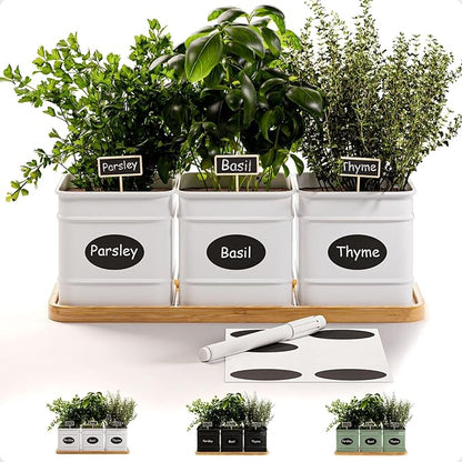 Herb Planter Indoor - 3 Iron Herb Pots with Drainage Holes, Varnished Bamboo Tray, Customizable Labels &amp; Marker Pen - Indoor Herb Garden Planter - 3 Pots for Herbs - Inside Spice Garden - Basil Pot