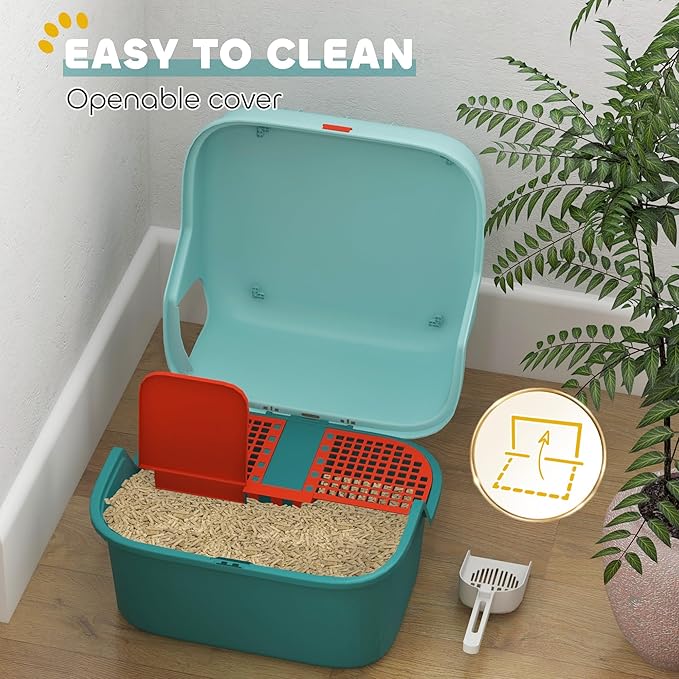 PawHut Cat Litter Box with Lid, Covered Kitty Litter Box Enclosure with Scoop, Openable &amp; Lockable Cover, Easy to Clean, Green