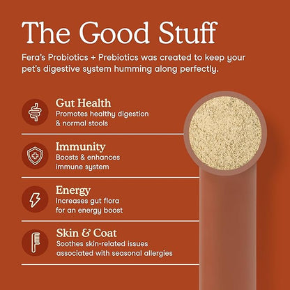 Fera Pets Probiotics for Dogs &amp; Cats with Prebiotics - USDA Organic - Gut Health Powder Supplement with 12 Strains and 5 Billion CFUs - Supports Immunity, Energy and Skin &amp; Coat - 60 Scoops