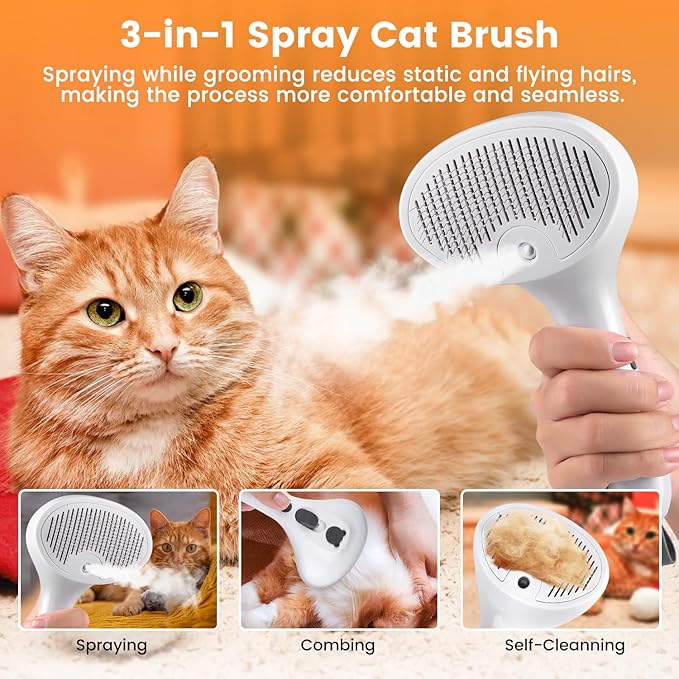 3 in 1 Cat Steam Brush for Cats &amp; Dogs, Pet Spray Hair Removal Comb for Shedding &amp; Grooming, Rechargeable Water Brush for Long &amp; Short Haired Pets with Release Button(White)