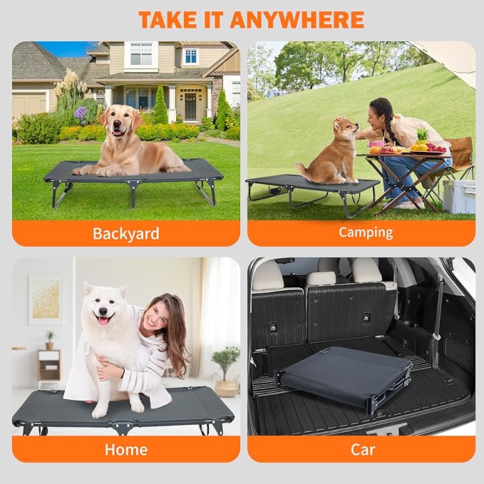 Elevated Dog Bed for Large Pet with No-Slip Feet, Foldable Portable Washable Raised Bed for Indoor&amp;Outdoor Camping Dog Cot, with Cooling Waterproof Breathable Mesh (Medium, Black-Textilene)