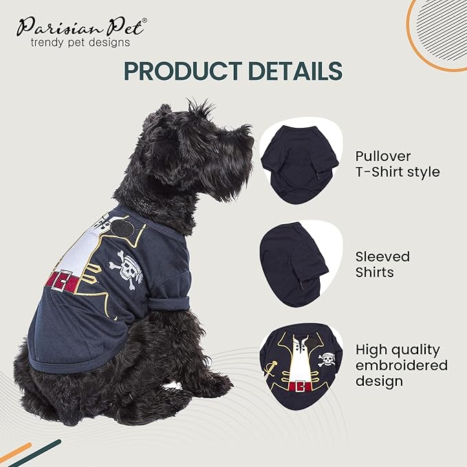 Parisian Pet Captain Sparrow Dog Shirt - Embroidered Pirate Costume - 100% Cotton &amp; Polyester - Sleeved Black Dog Shirt - Large - Pet Costume