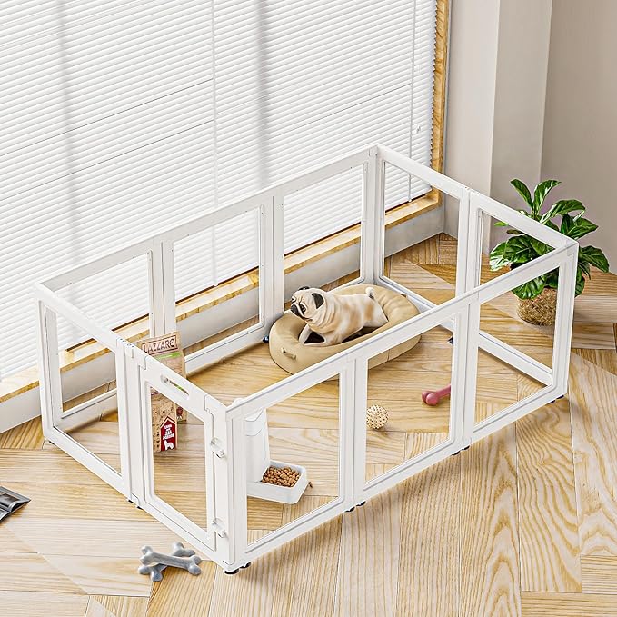 Dog Playpen Transparent Puppy Playpen Indoor, Easy Assemble &amp; Disassemble Clear Pet Playpen, Sturdy &amp; Easy Cleaning Plastic Dog Fence with Suction Cup (23.6"" H, 10PCS), White