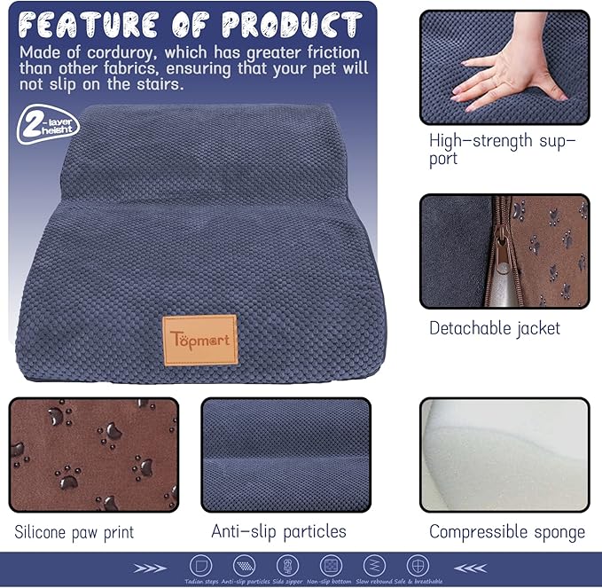 Topmart High Density Extended Foam Dog Ramp&amp;Steps 2 Tiers,11.8" High,Non-Slip Dog Stairs,Soft Foam Pet Ladder with Waterproof Cover,Best for Injured,Older Cats,Pets with Joint Pain