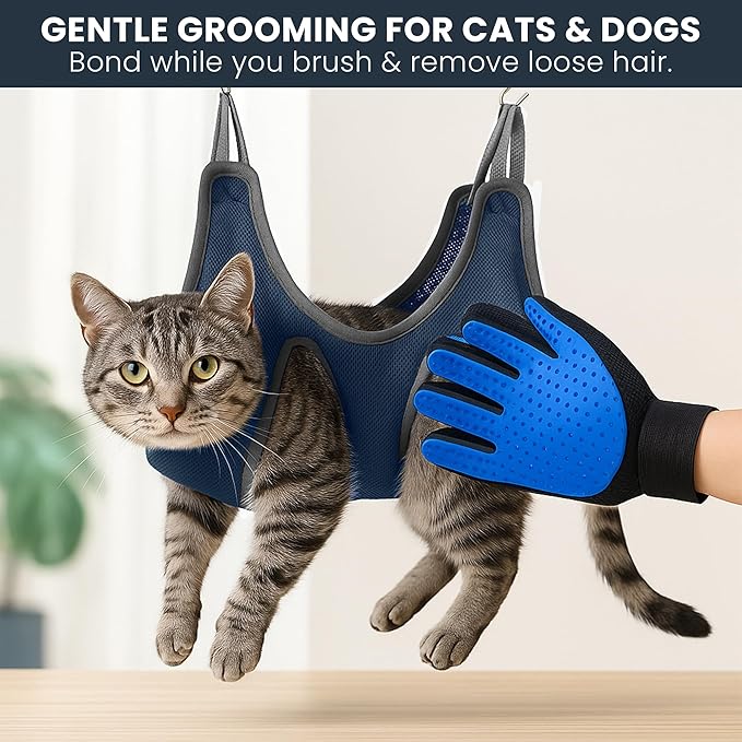 Pet Grooming Hammock Kit for Dogs &amp; Cats, Includes Hammock Harness, Nail Clippers, Nail File, Grooming Glove, Dematting Comb, S-Hooks, Carabiners &amp; Storage Bag for Easy Home Grooming Medium (86×52) cm