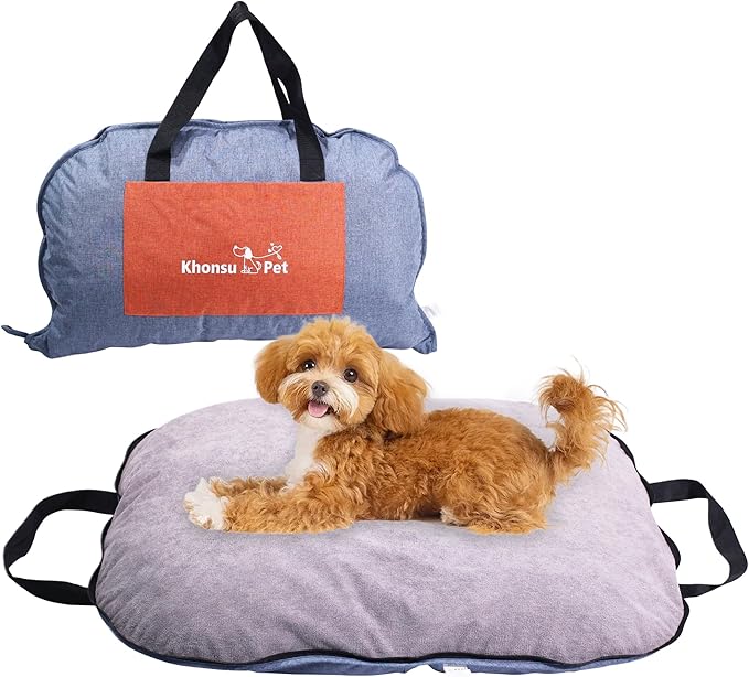 Portable Waterproof Dog Mat for Camping, Patio &amp; Travel - Foldable Outdoor Dog Bed with Teflon Shell &amp; Removable Plush Pad - Easy Clean, Durable - S (Denime Blue)
