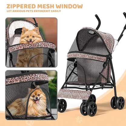 Magshion Compact Pet Stroller for Small-Medium Dogs/Cats up to 22lbs, 4-Wheel Lightweight Umbrella Shaped Portable Puppy Travel Jogger with Breathable Mesh, Cup Holder &amp; Rear Storage, Leopard Print