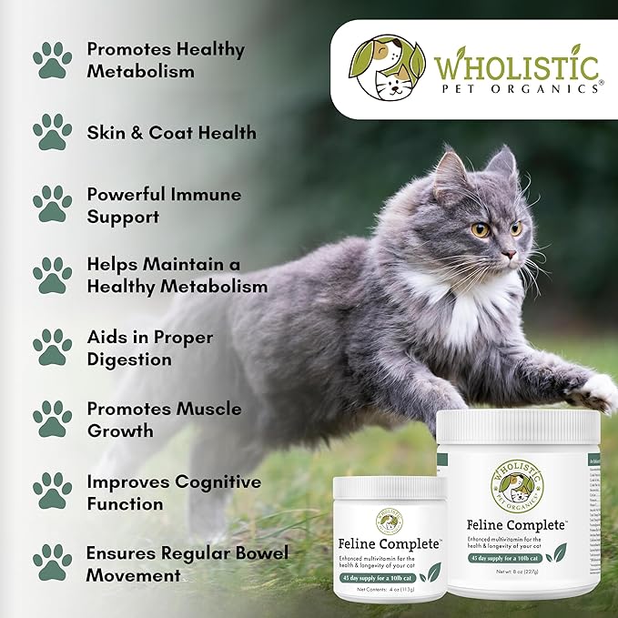 Wholistic Pet Organics Feline Complete - 8 Oz - Multivitamin &amp; Probiotic Powder for Cats - Natural Cat Food &amp; Digestive Support