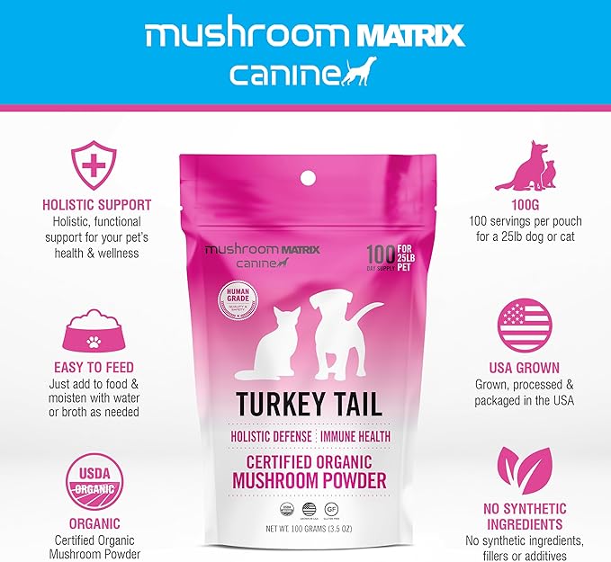 Om Mushroom Matrix Pet - Canine | Turkey Tail | USA Grown Human-Grade Organic Mushroom Powder Pet Supplement | Immunity Support &amp; Holistic Defense for Dogs &amp; Cats | 100 Grams, 3.5 oz