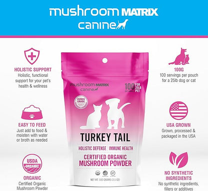 Om Mushroom Matrix Pet - Canine | Turkey Tail | USA Grown Human-Grade Organic Mushroom Powder Pet Supplement | Immunity Support &amp; Holistic Defense for Dogs &amp; Cats | 100 Grams, 3.5 oz