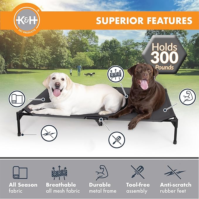 K&amp;H Pet Products Outdoor Elevated Dog Cot, Breathable Cooling Elevated Cot Hammock Pet Bed for XL Dogs, Washable Mesh Cover, Raised Metal Frame, Collapsible, Portable - Jumbo 56 X 38in Charcoal