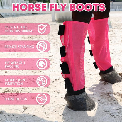 Premium 4-Pack Horse Fly Boots &amp; Leggings Loose-Fit Fine Mesh with Stay-On Fasteners, Support Strips &amp; Anti-Stomp Design Breathable Non-Slip Protection Leg Wrap (Large) Rose Pink