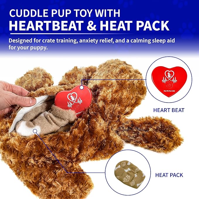 Pet Fit For Life Cuddle Pup Toy with Heartbeat &amp; Heat Pack - USB Rechargeable Cuddly Dog Sleep Aid - Calming Comfort for Anxiety Relief - Safe, Huggable Pet Crate Training Aid - Small (12" Long)