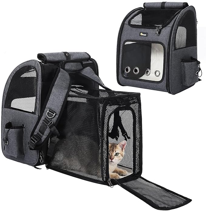 Hoopet Expandable Cat Backpack Carrier – Breathable Pet Carrier for Small Cats &amp; Dogs, Foldable Travel Backpack with Mesh Ventilation for Hiking, Walking, Camping, Dark Grey