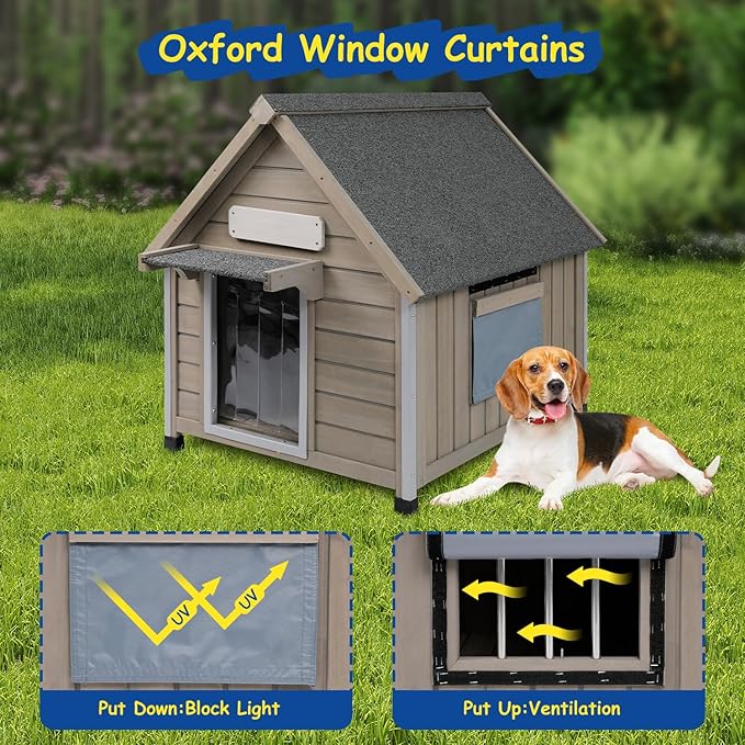 Outdoor Dog House Waterproof for Medium Small Dogs with Anti-Chewing Iron Frame, Adjustable Vent Window, Indoor &amp; Outdoor Doghouse Kennel Puppy Shelter, Easy Clean and Assemble (26" L*31.9" W*32" H)