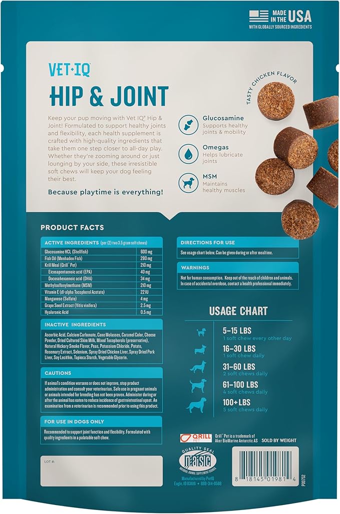 VetIQ Hip &amp; Joint Supplement for Dogs, Anti Inflammatory Joint Support, Glucosamine, MSM, and Krill, Chicken Flavored Soft Chews, 60 Count