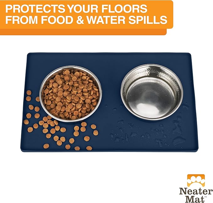 Neater Pet Brands Neater Mat Pet Mats for Food and Water, Cat &amp; Dog Bowl Mat Waterproof Silicone, Feeding Tray, Dog Food Mats for Floors, Placemat w/Raised Edge for Under Bowls, 16” x 10”, Dark Blue