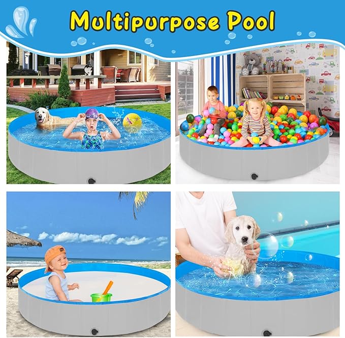 Foldable Dog Pool, 63" Kiddie Pool Hard Plastic, Portable Dog Swimming Pool for Large Dogs, Collapsible Pet Wading Pool &amp; Bath Tub Outdoor Kids Pool Anti-Slip