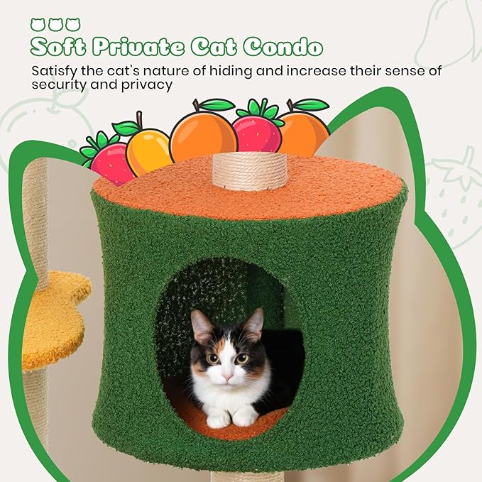 Happy &amp; Polly Cute Cat Tree - 48.4" Fruit World Cat Tower for Indoor Cats, Multi-Level Cat Condo with Sisal Scratching Posts, Private Cave, Plush Strawberry Perches, Perfect Cat Tree Activity Center