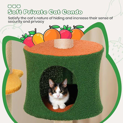 Happy &amp; Polly Cute Cat Tree - 48.4" Fruit World Cat Tower for Indoor Cats, Multi-Level Cat Condo with Sisal Scratching Posts, Private Cave, Plush Strawberry Perches, Perfect Cat Tree Activity Center