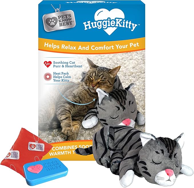 Pets Know Best HuggieKitty | Comfort Purring Companion with Heartbeat Sleep Aide for Cats &amp; Kittens, Heating for Calming Relief, Carrier &amp; Behavioral Training Essential, Breeds, Grey